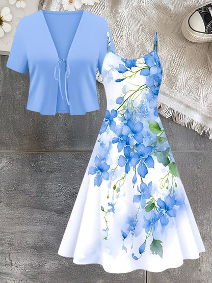 Women's Romantic Floral Dress & Lightweight Cardigan Set