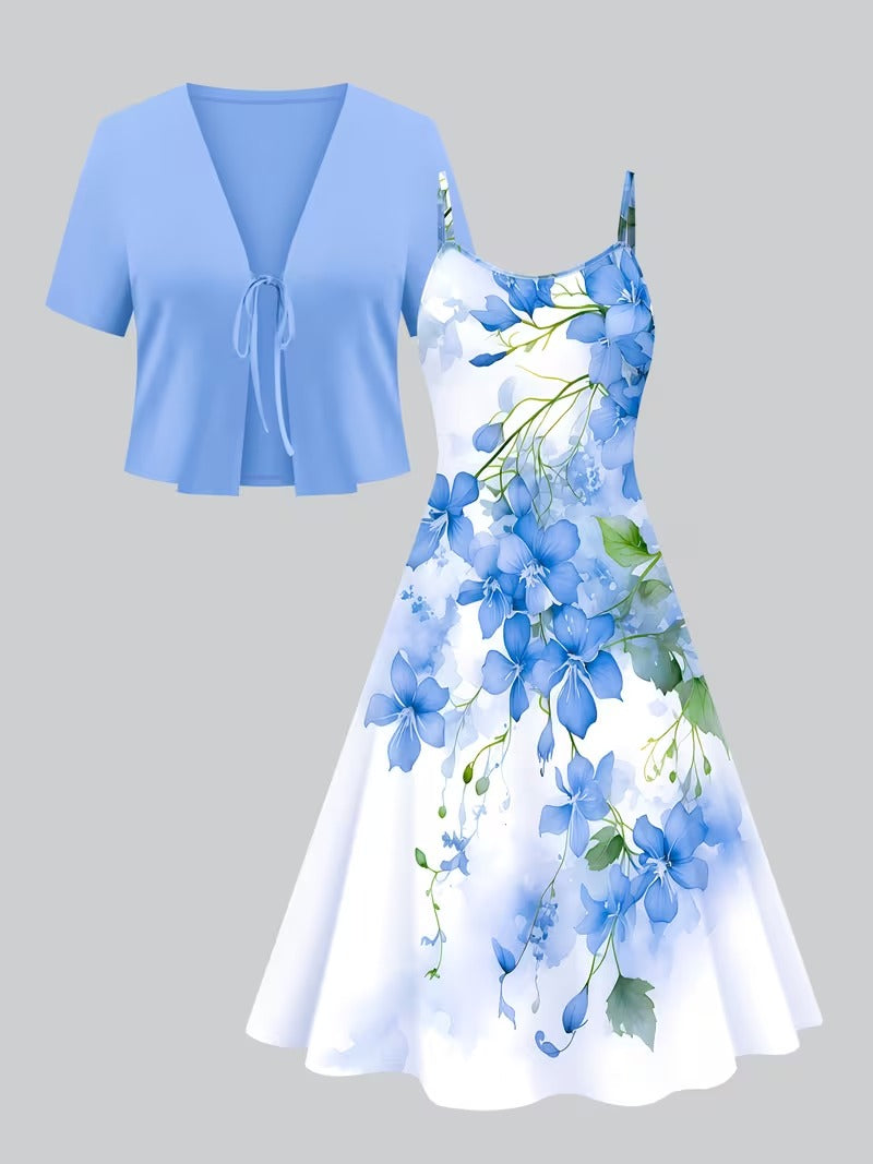 Women's Romantic Floral Dress & Lightweight Cardigan Set