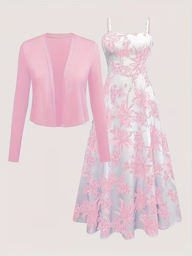 Women's Romantic Floral Dress & Lightweight Cardigan Set