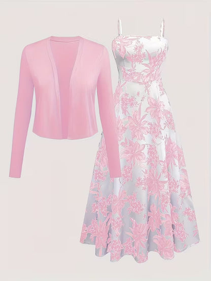 Women's Romantic Floral Dress & Lightweight Cardigan Set
