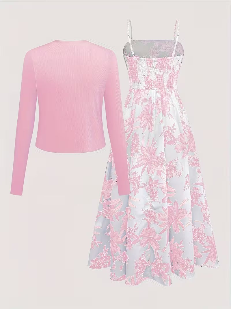 Women's Romantic Floral Dress & Lightweight Cardigan Set