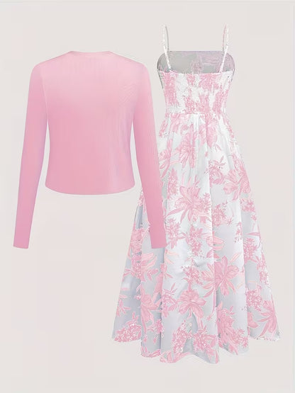 Women's Romantic Floral Dress & Lightweight Cardigan Set