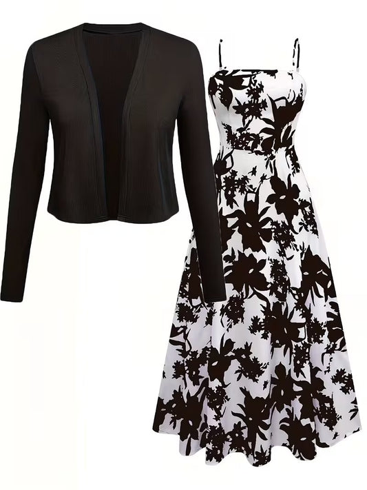 Women's Romantic Floral Dress & Lightweight Cardigan Set