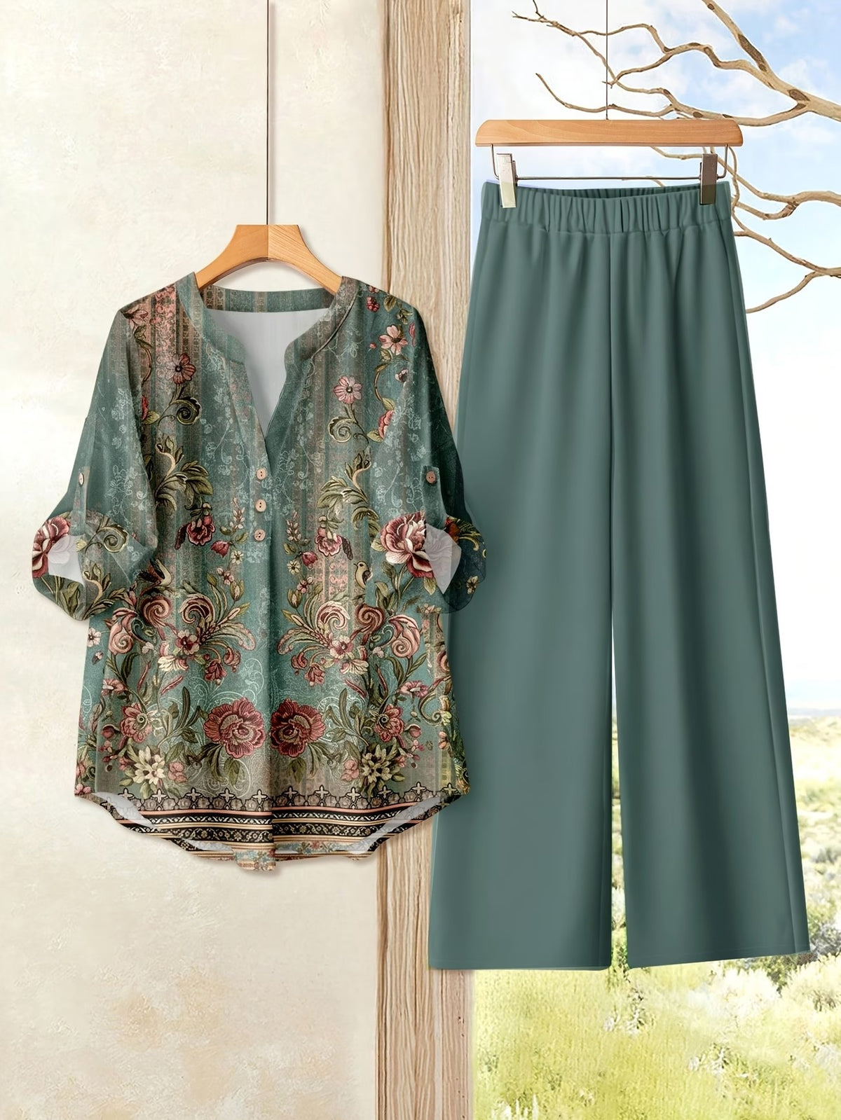 Women's Casual Shirt & Long Pants 2-Piece Set