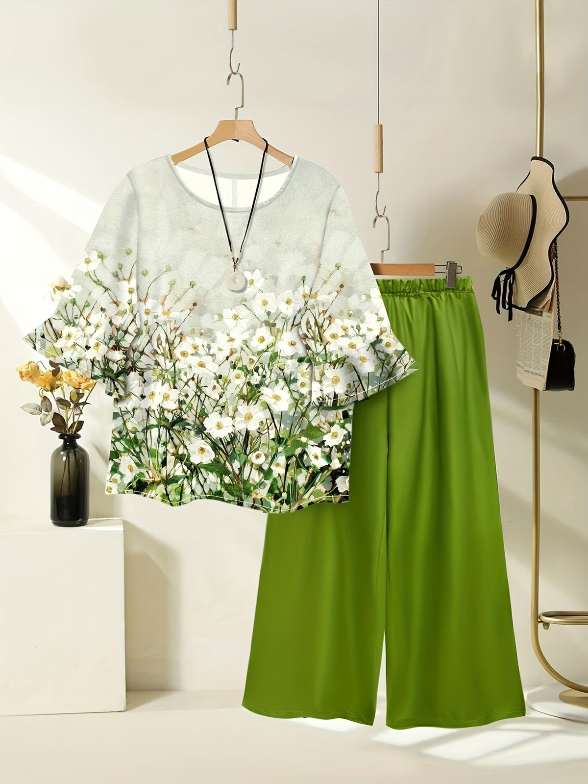 Women's Lightweight Floral Top & Elastic Waist Pants Set