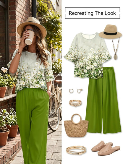 Women's Lightweight Floral Top & Elastic Waist Pants Set