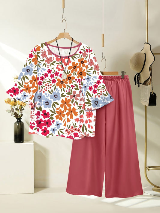 Women's Lightweight Floral Top & Elastic Waist Pants Set