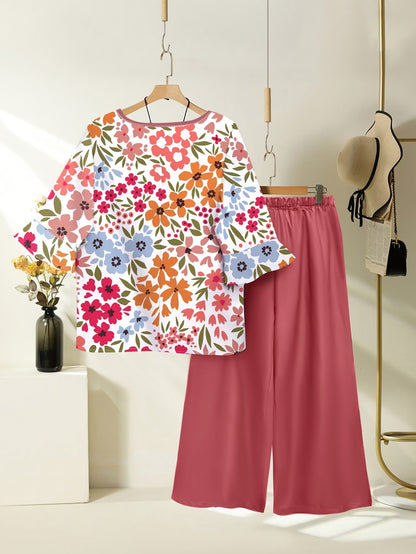 Women's Lightweight Floral Top & Elastic Waist Pants Set
