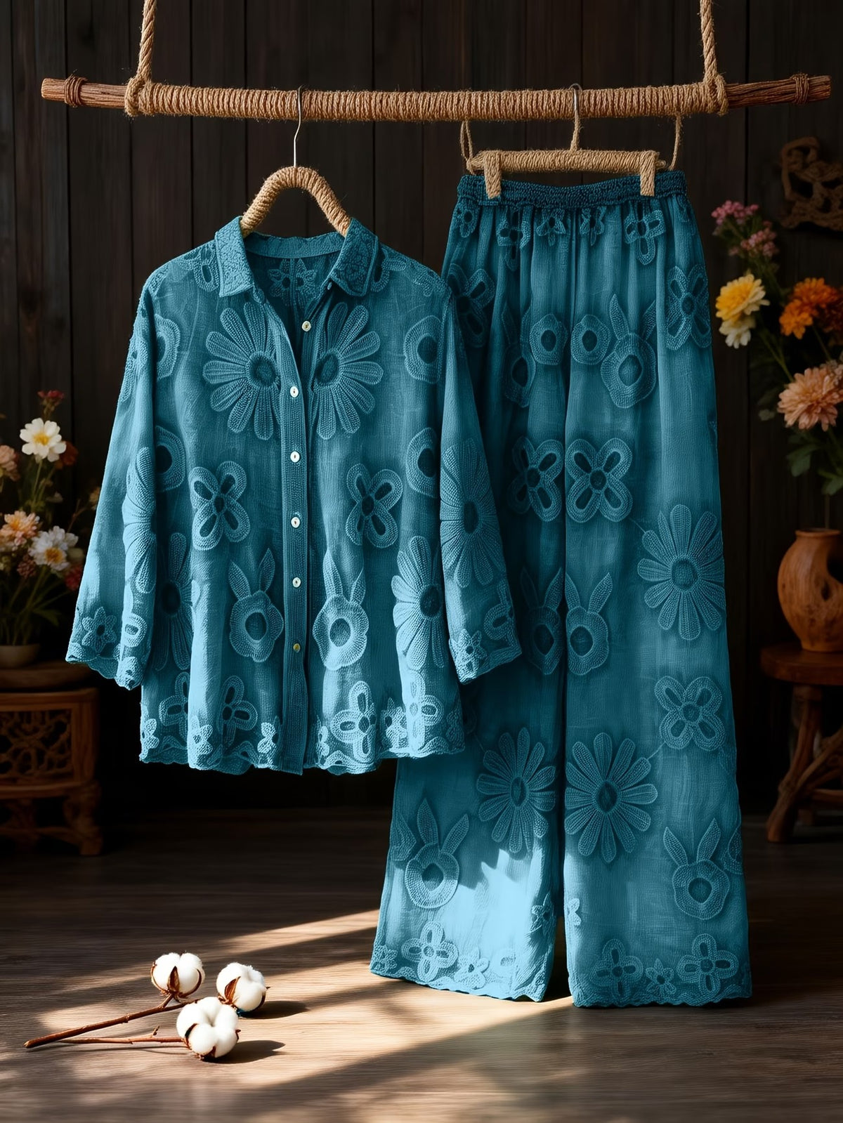 Women's Relaxed Embroidered Shirt & Elastic Waist Pants