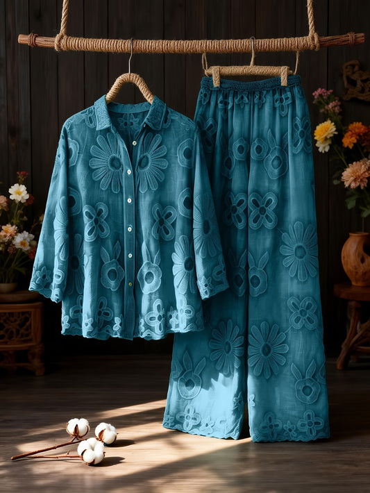 Women's Relaxed Embroidered Shirt & Elastic Waist Pants