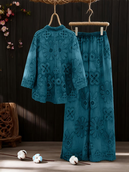 Women's Relaxed Embroidered Shirt & Elastic Waist Pants