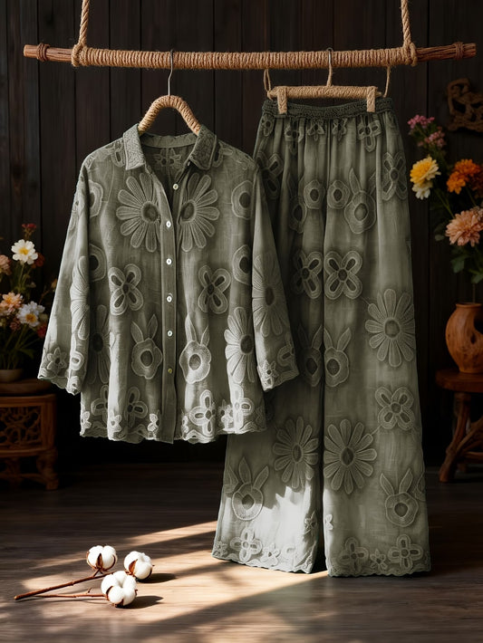 Women's Relaxed Embroidered Shirt & Elastic Waist Pants