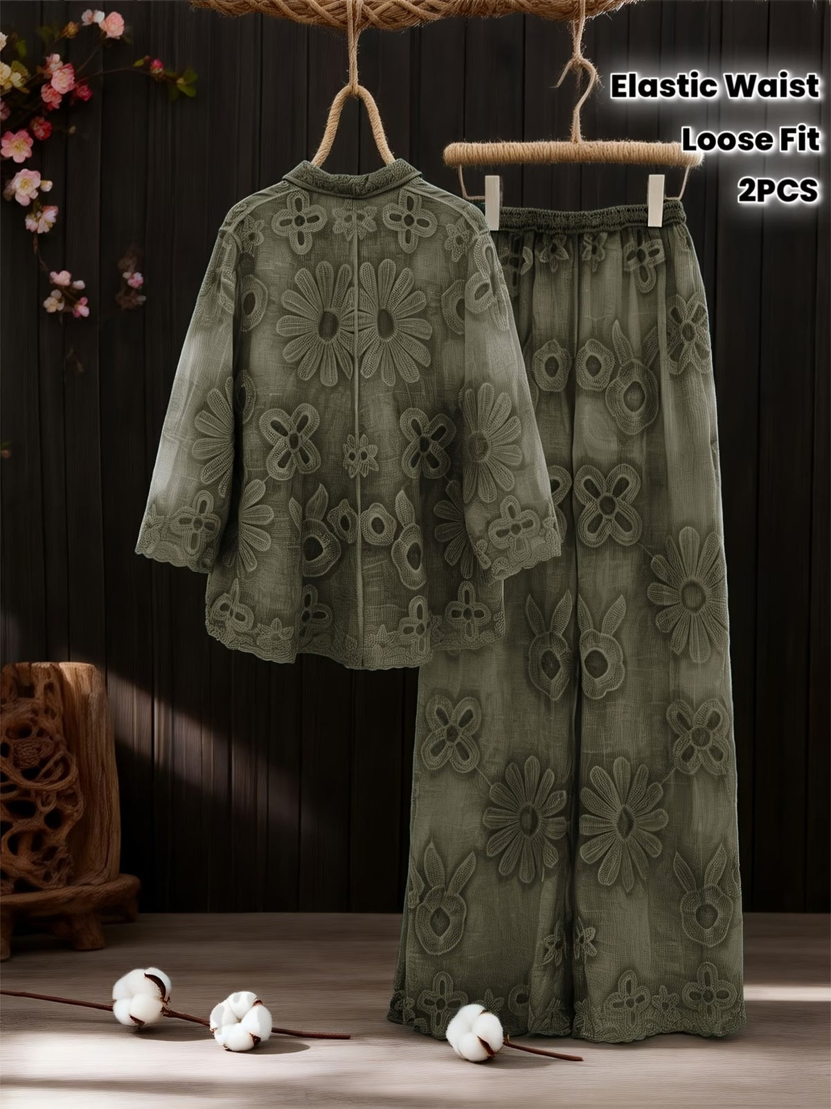 Women's Relaxed Embroidered Shirt & Elastic Waist Pants