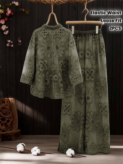 Women's Relaxed Embroidered Shirt & Elastic Waist Pants