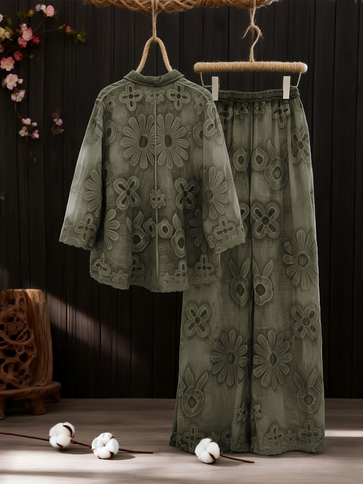 Women's Relaxed Embroidered Shirt & Elastic Waist Pants