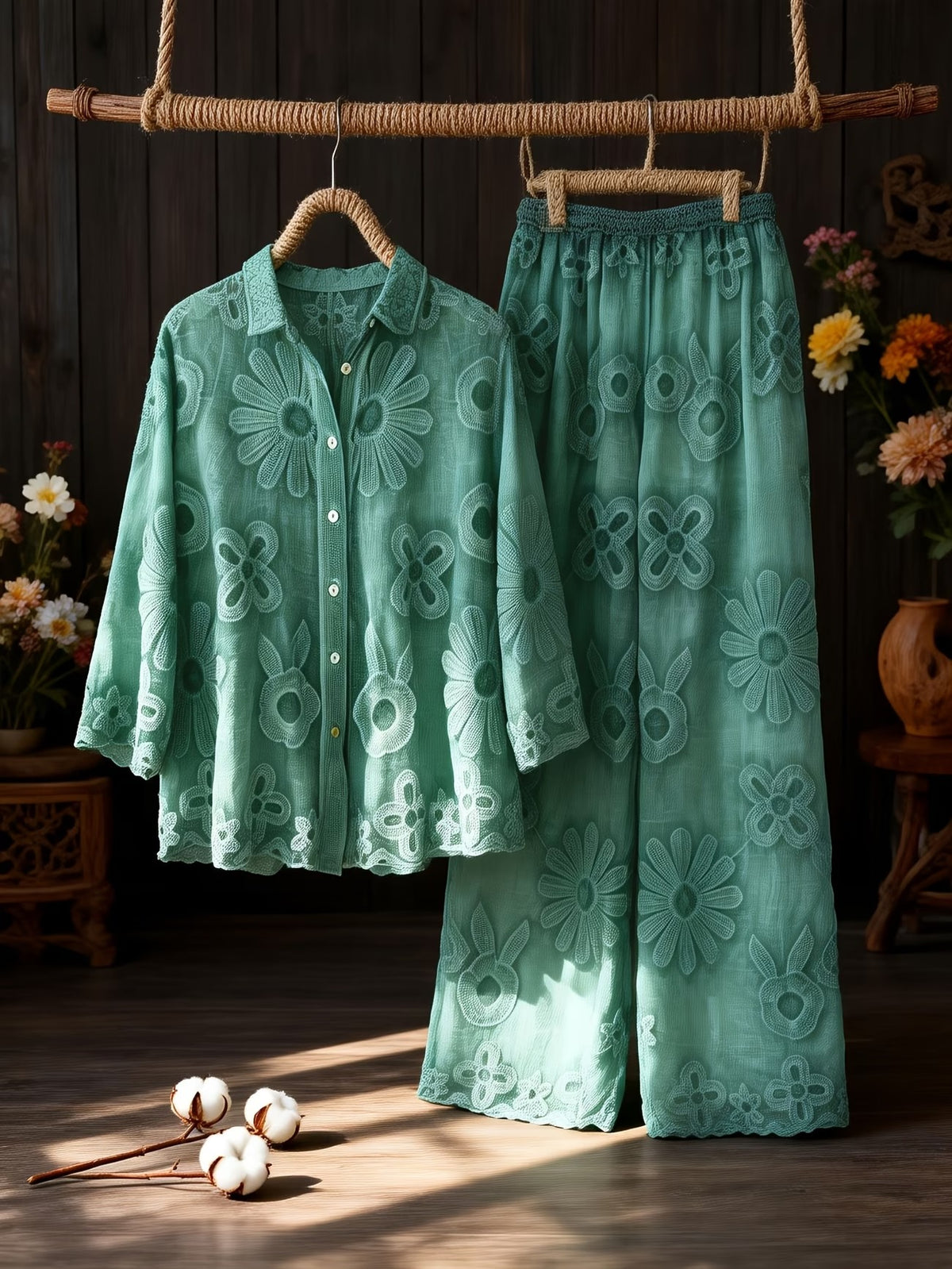 Women's Relaxed Embroidered Shirt & Elastic Waist Pants