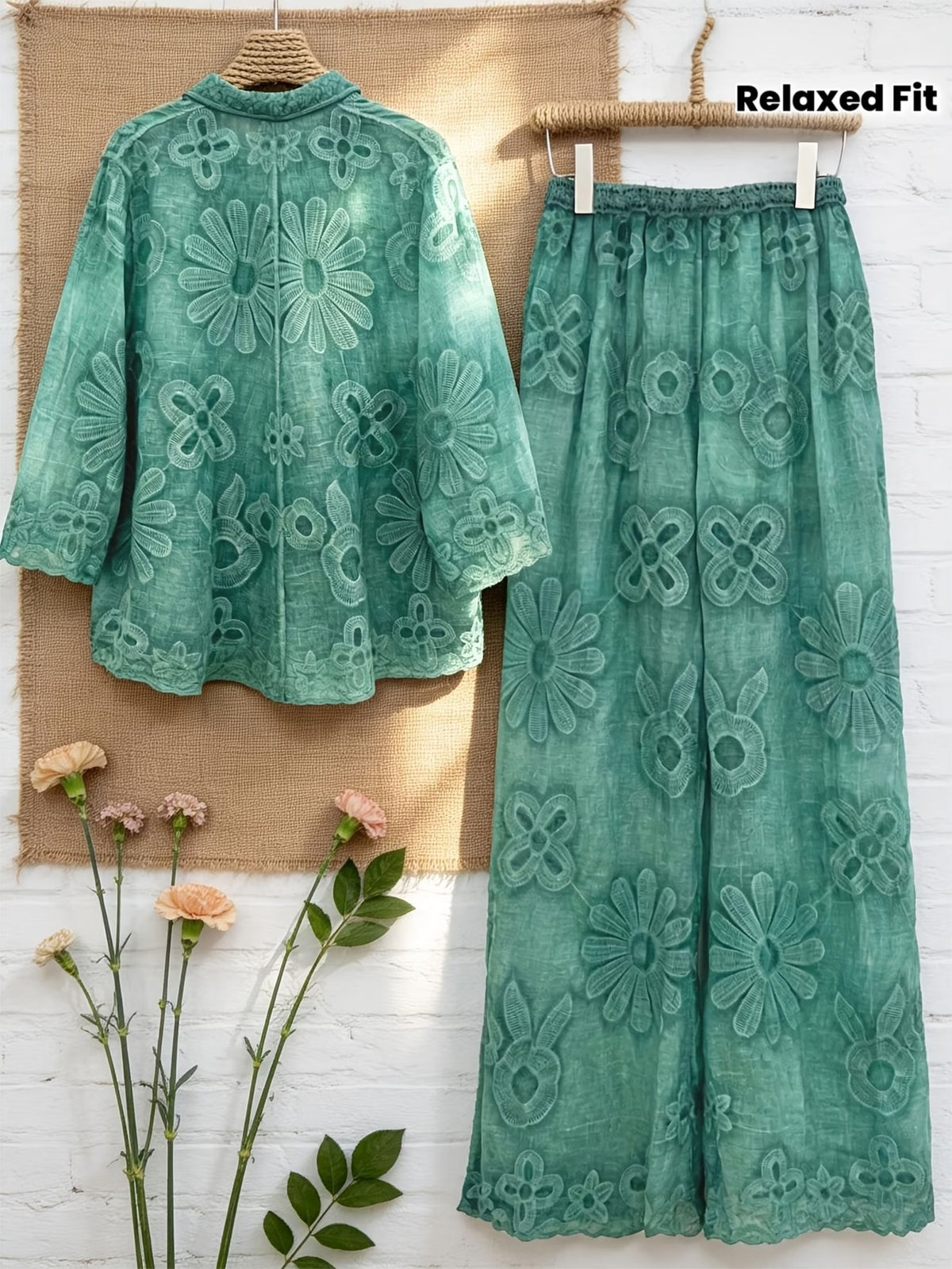 Women's Relaxed Embroidered Shirt & Elastic Waist Pants