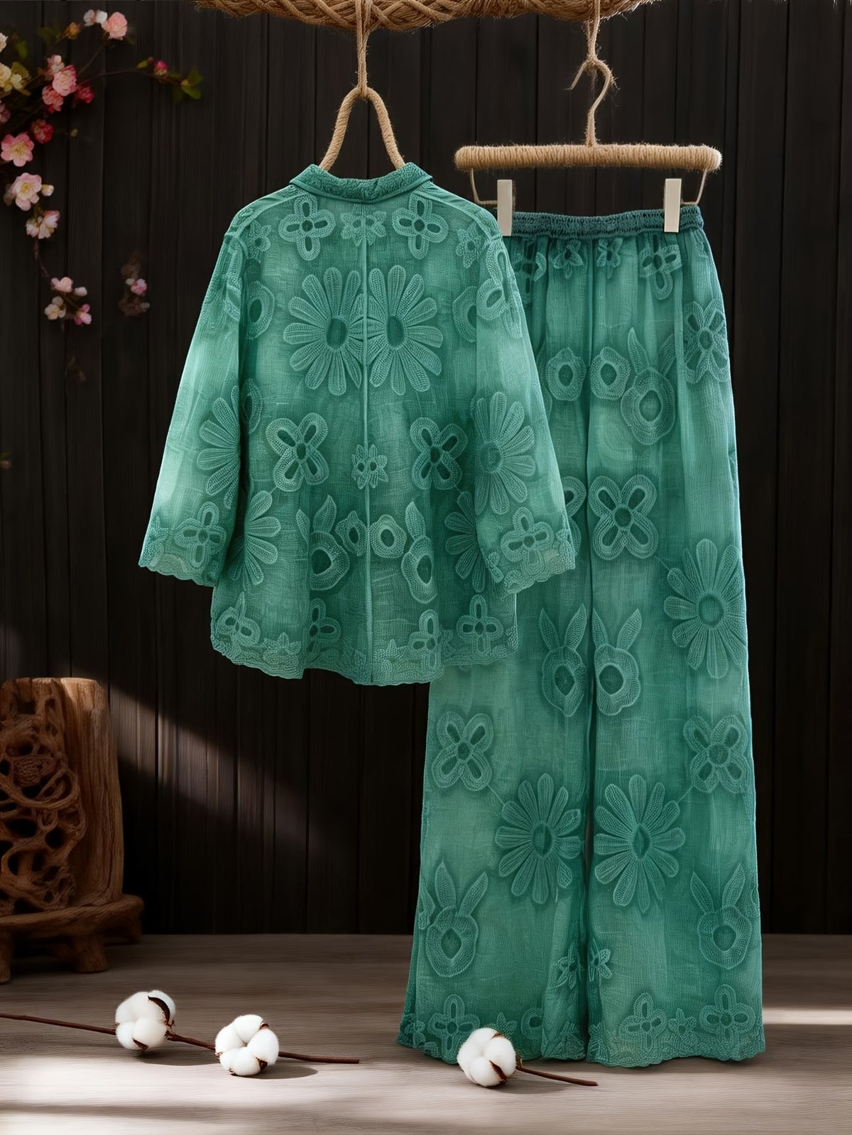 Women's Relaxed Embroidered Shirt & Elastic Waist Pants