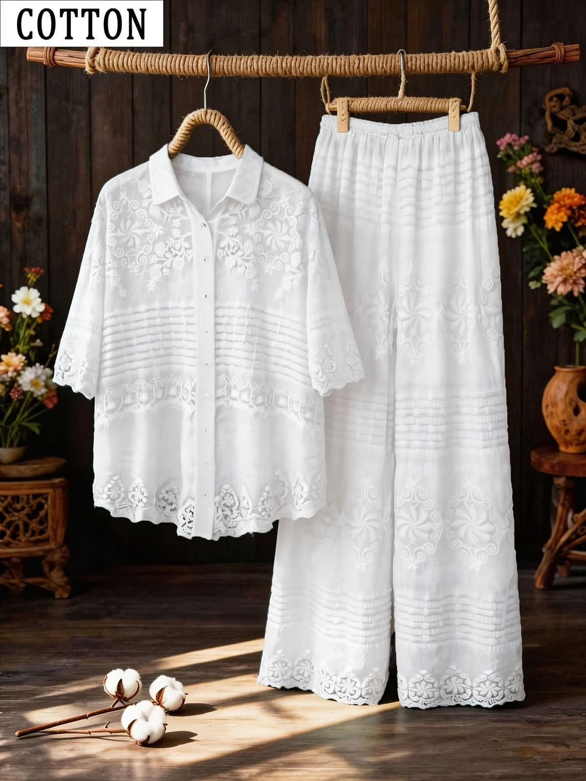 Women's Relaxed Embroidered Shirt & Elastic Waist Pants