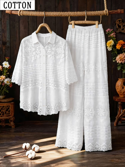 Women's Relaxed Embroidered Shirt & Elastic Waist Pants