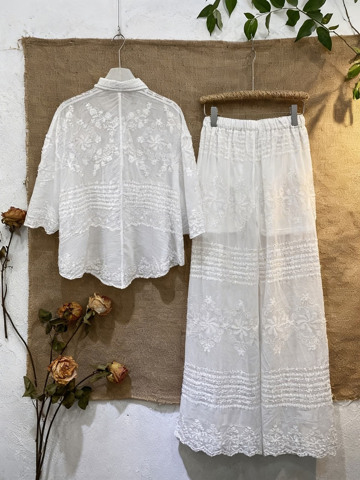 Women's Relaxed Embroidered Shirt & Elastic Waist Pants