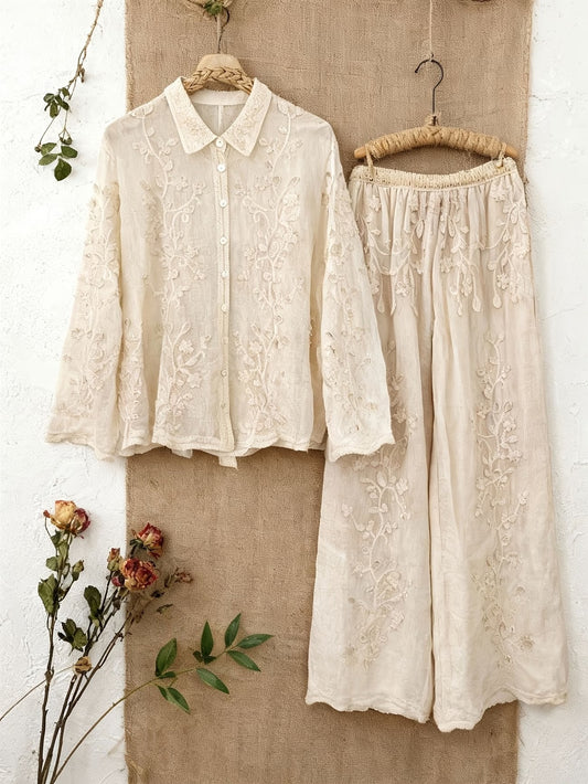Women's Relaxed Embroidered Shirt & Elastic Waist Pants