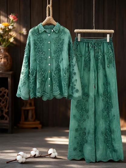 Women's Relaxed Embroidered Shirt & Elastic Waist Pants