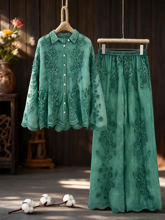 Women's Relaxed Embroidered Shirt & Elastic Waist Pants
