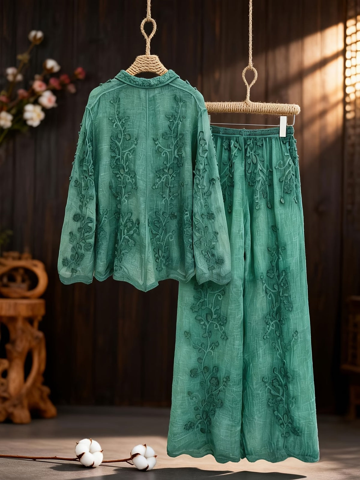 Women's Relaxed Embroidered Shirt & Elastic Waist Pants