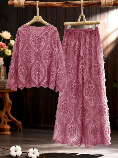 Women's Relaxed Embroidered Shirt & Elastic Waist Pants