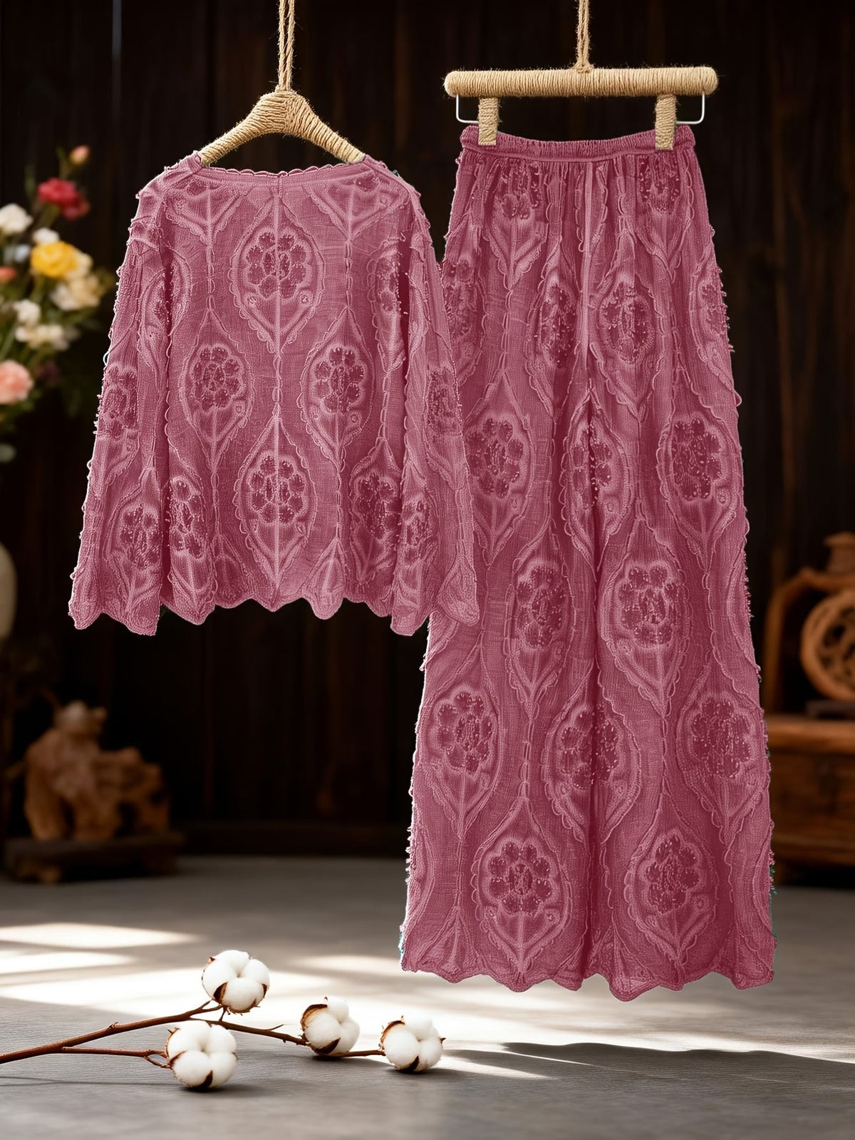 Women's Relaxed Embroidered Shirt & Elastic Waist Pants