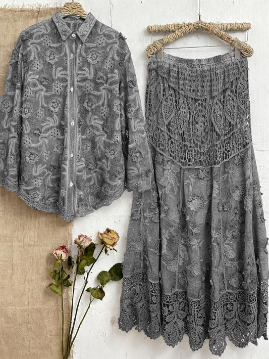 Women's Elegant Embroidered Shirt & Midi Skirt Co-Ord Set