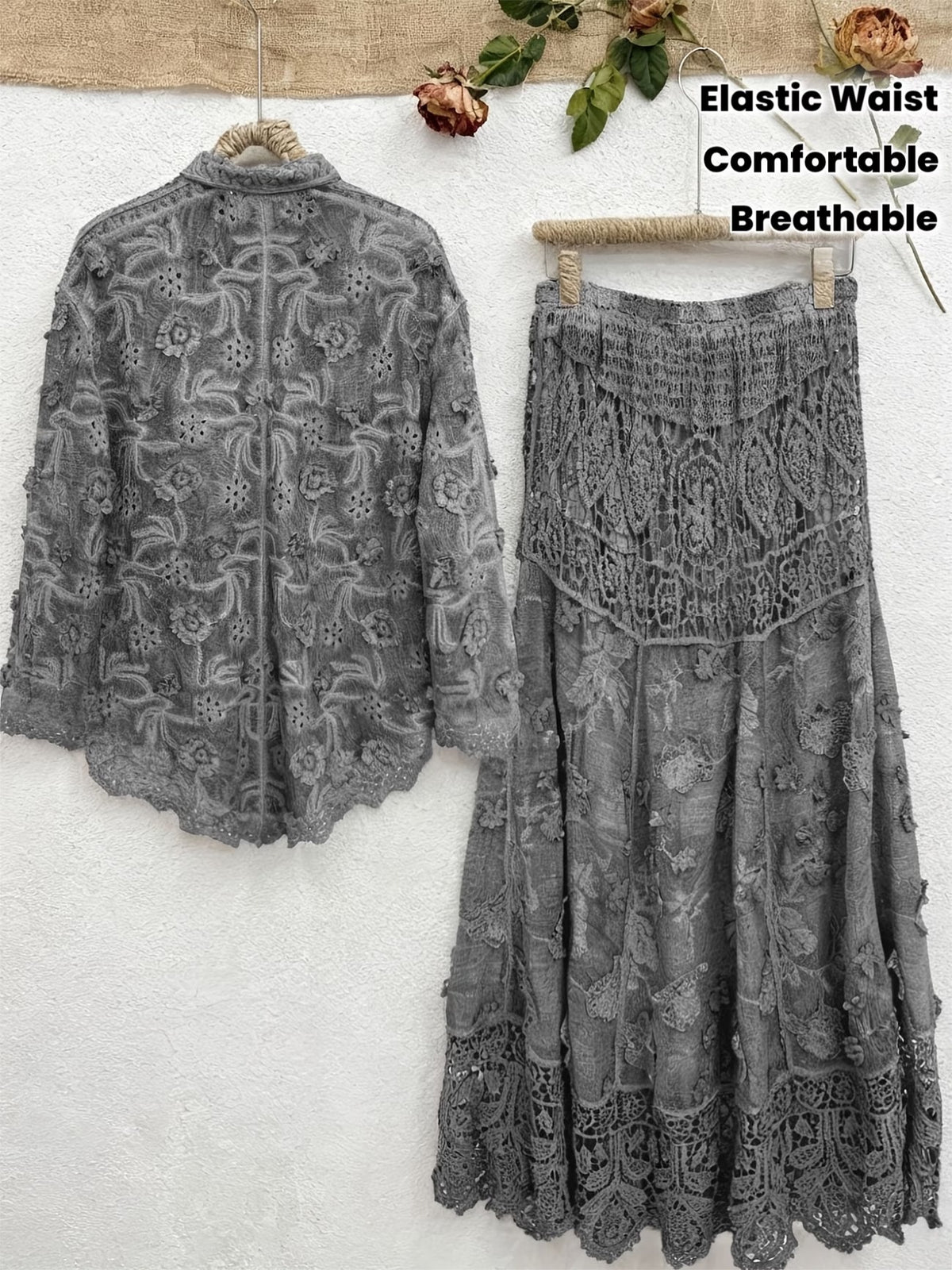 Women's Elegant Embroidered Shirt & Midi Skirt Co-Ord Set