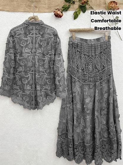Women's Elegant Embroidered Shirt & Midi Skirt Co-Ord Set