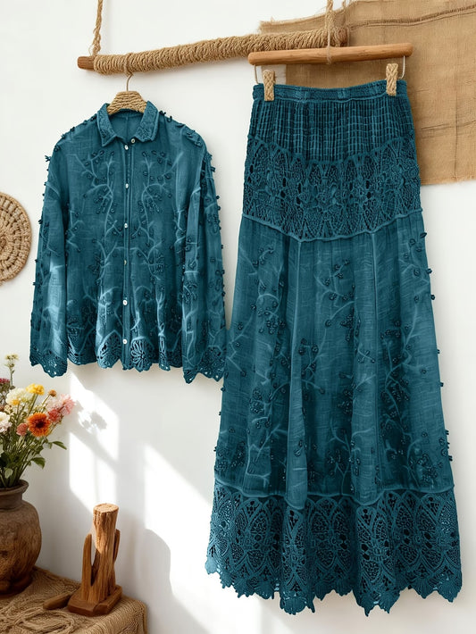 Women's Elegant Embroidered Shirt & Midi Skirt Co-Ord Set