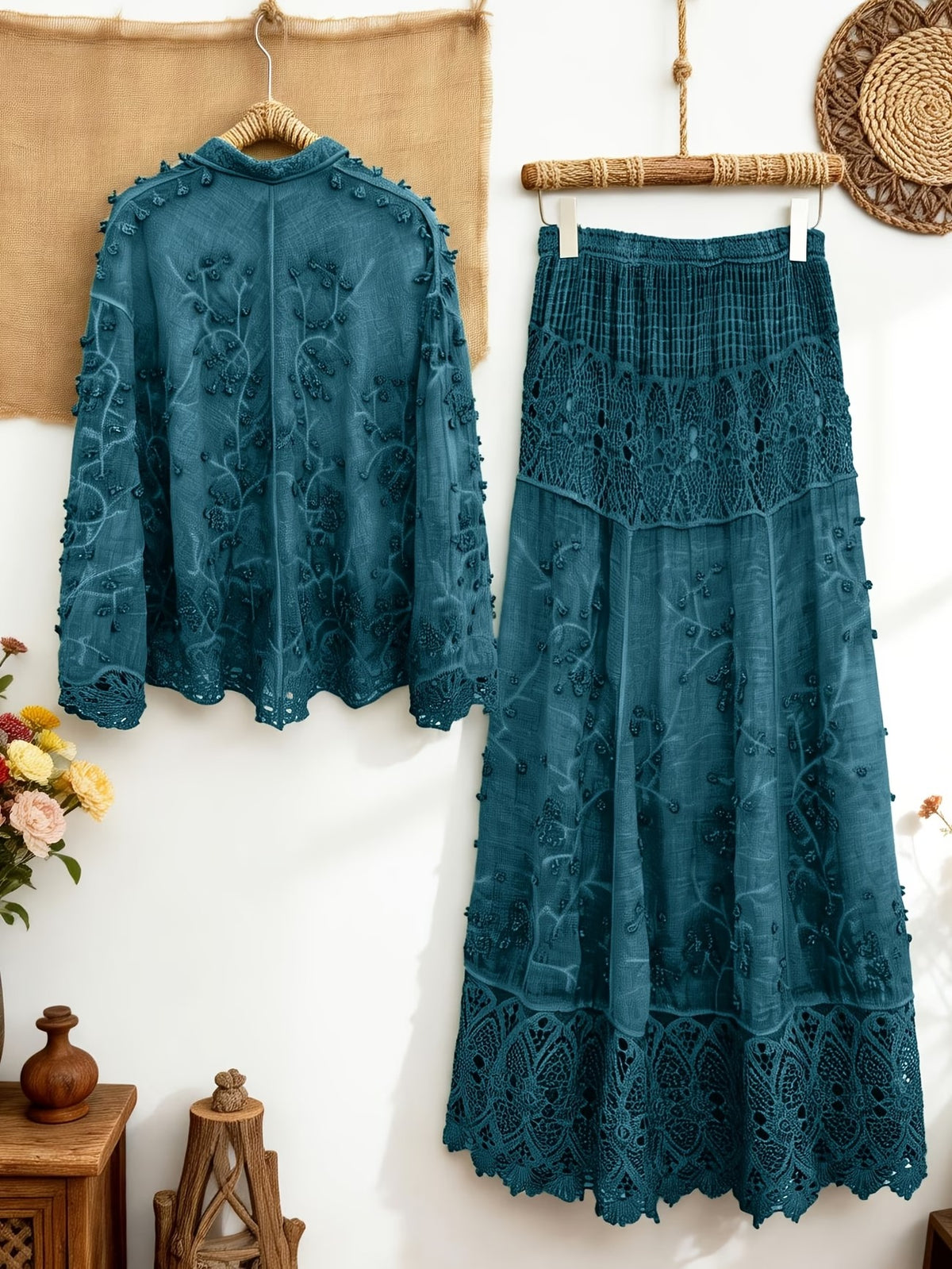 Women's Elegant Embroidered Shirt & Midi Skirt Co-Ord Set