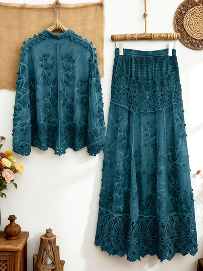 Women's Elegant Embroidered Shirt & Midi Skirt Co-Ord Set