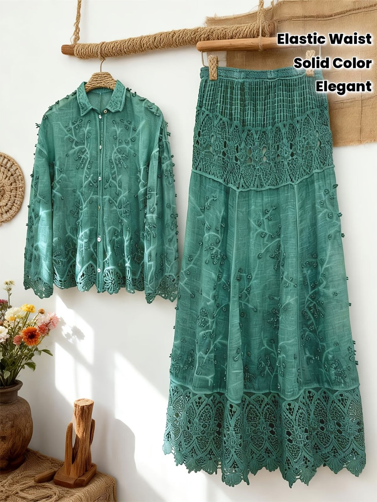 Women's Elegant Embroidered Shirt & Midi Skirt Co-Ord Set