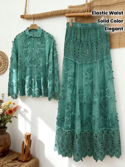 Women's Elegant Embroidered Shirt & Midi Skirt Co-Ord Set