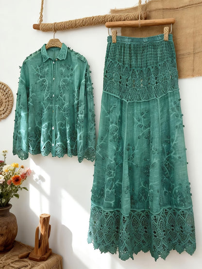 Women's Elegant Embroidered Shirt & Midi Skirt Co-Ord Set