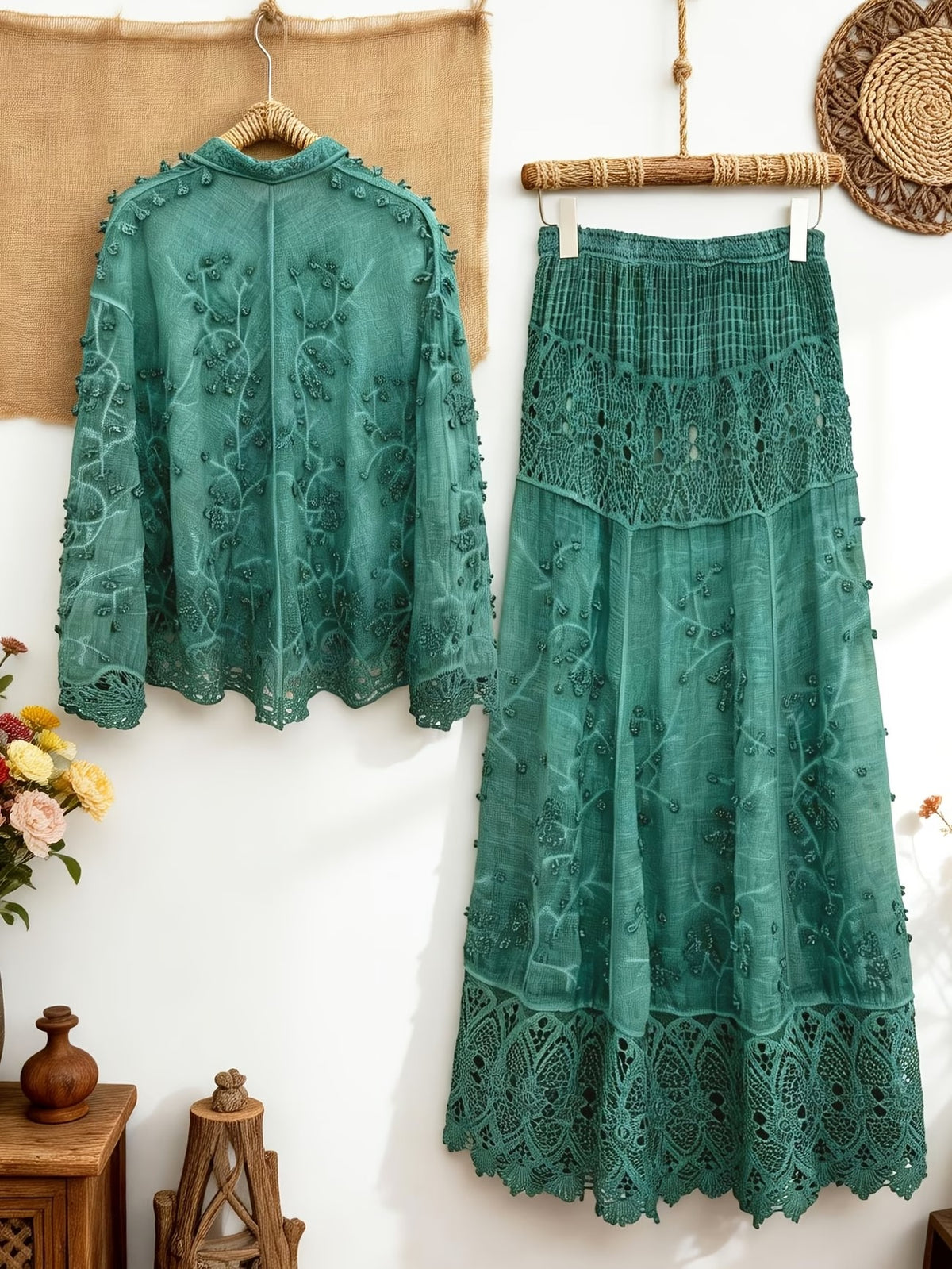 Women's Elegant Embroidered Shirt & Midi Skirt Co-Ord Set