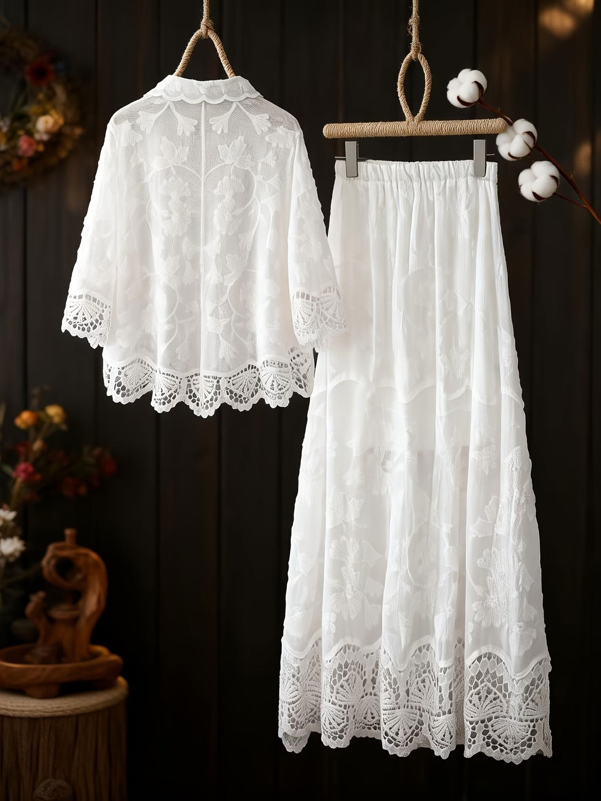 Women's Elegant Embroidered Shirt & Midi Skirt Co-Ord Set