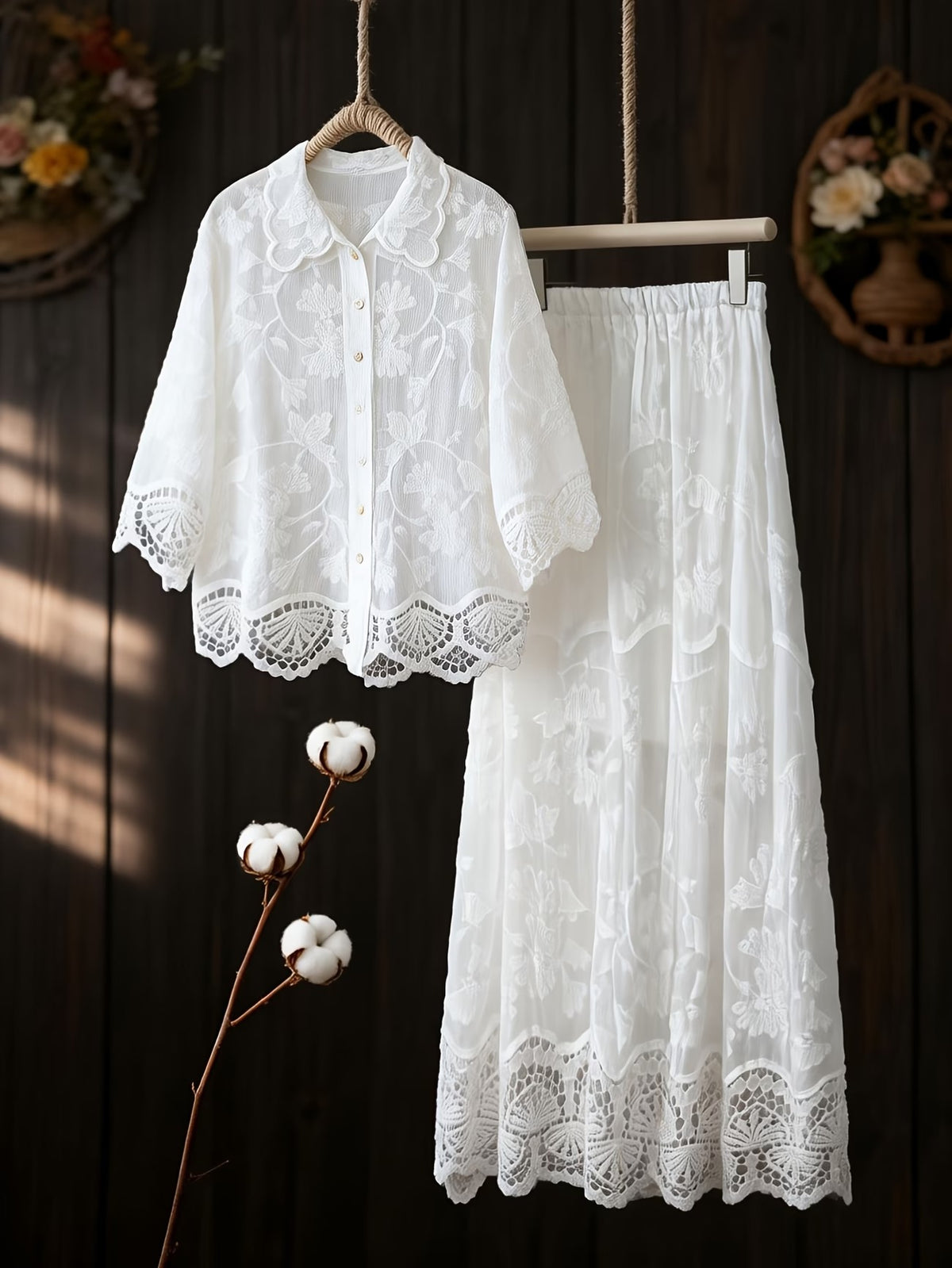 Women's Elegant Embroidered Shirt & Midi Skirt Co-Ord Set