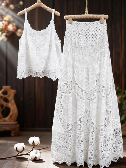 Women's Vintage Embroidered Cami & Midi Skirt Co-Ord Set