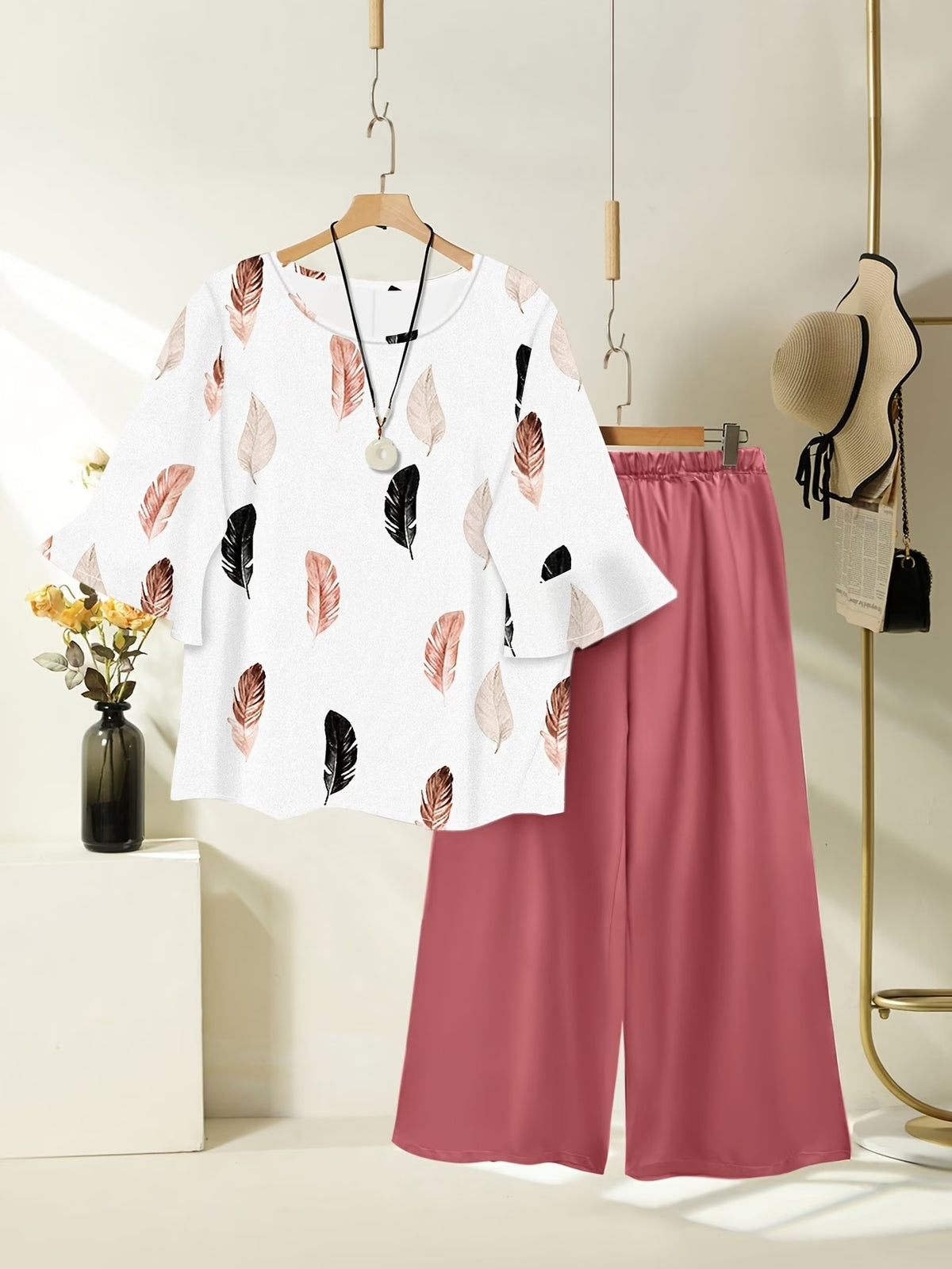 Women's Lightweight Floral Top & Elastic Waist Pants Set