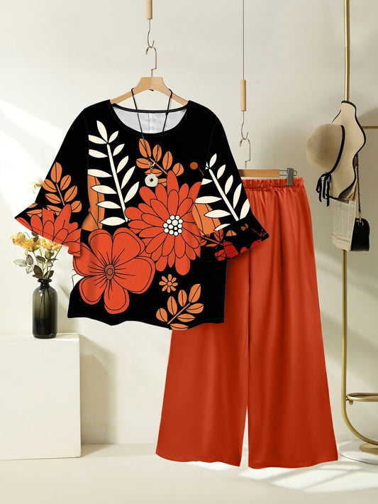 Women's Lightweight Floral Top & Elastic Waist Pants Set