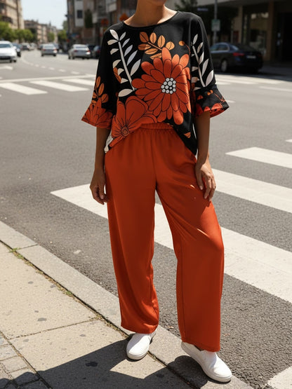 Women's Lightweight Floral Top & Elastic Waist Pants Set