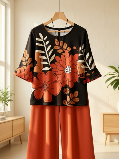 Women's Lightweight Floral Top & Elastic Waist Pants Set