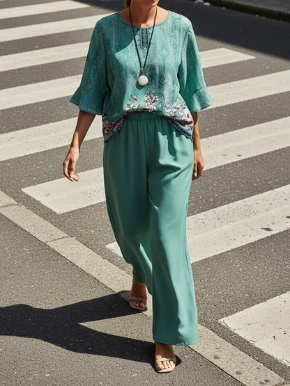 Women's Lightweight Floral Top & Elastic Waist Pants Set