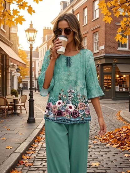 Women's Lightweight Floral Top & Elastic Waist Pants Set